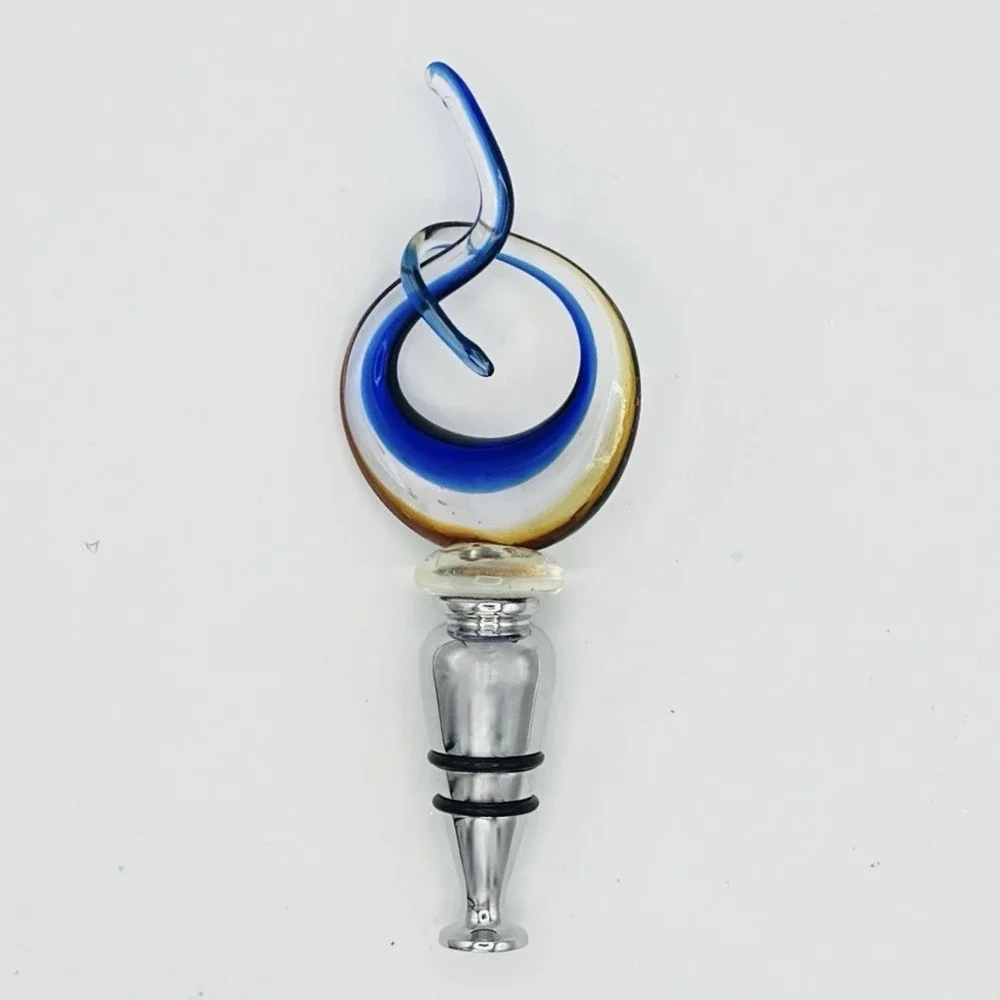 Vintage A. Dal Borgo Murano‎ Glass Wine Bottle Stopper Italy Twisted Blue Amber